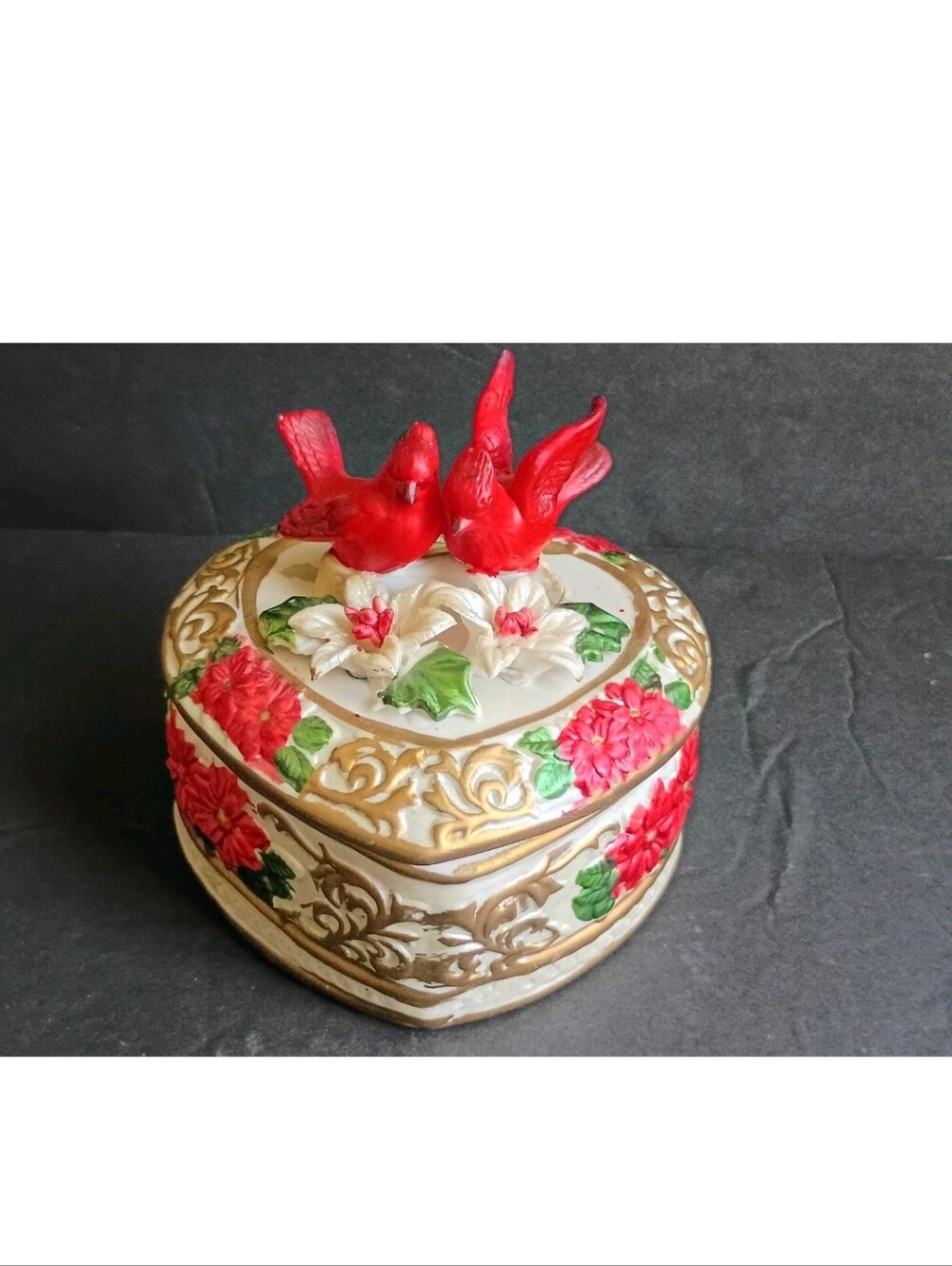 Red Cardinals Heart Shaped Floral Decorative Ceramic Jewelry/Trinket Box